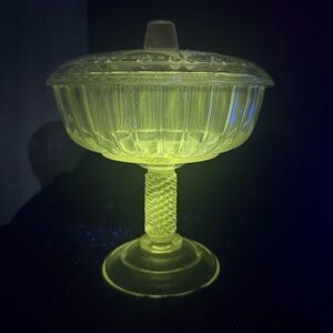 Clear Manganese Pressed Glass UV Reactive Compote Dish On Pedestal W/Lid